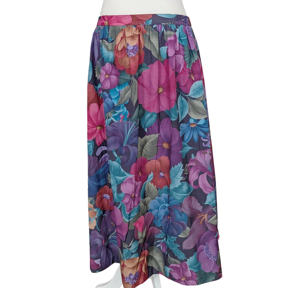 Alfred Dunner Black Purple Floral Vintage 80s Cottagecore Midi Skirt Size 16